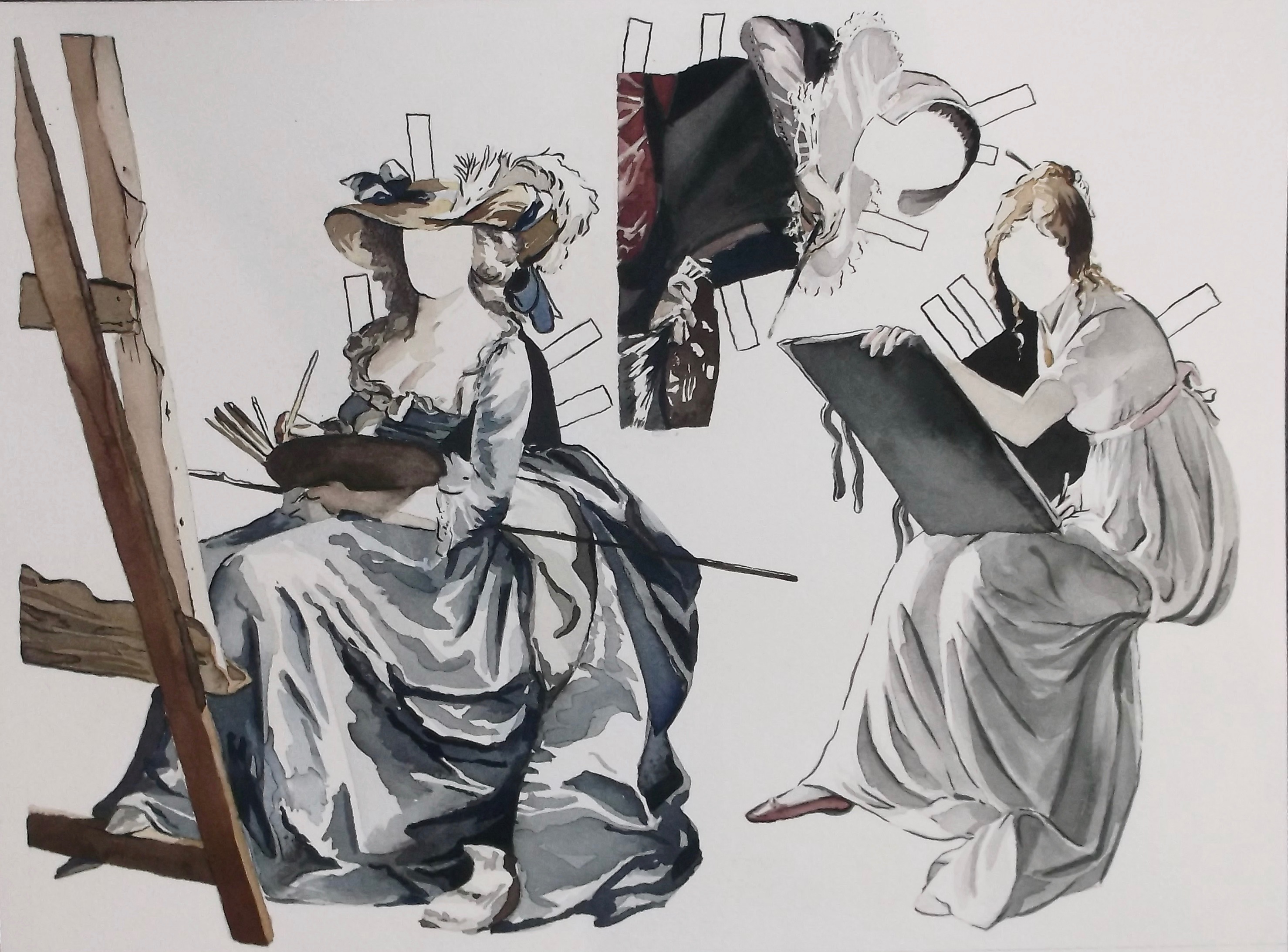 watercolor of paper dolls patterned after portraits by women