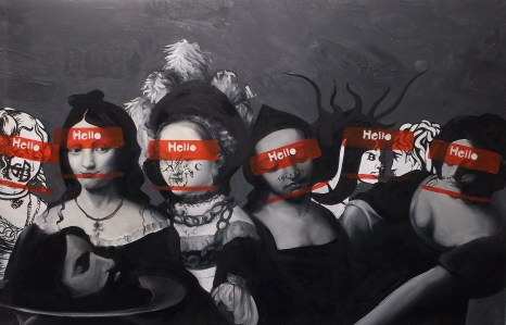 greyscale oil painting of six artists' depictions of Salome from art history. One holds a severed head on a plate.