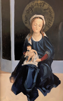 A mouthless Mary holds a pacifier muffled Jesus in her lap