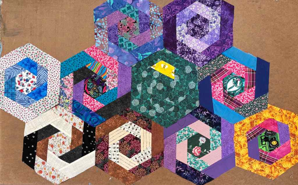 hexagon log cabin quilt blocks unattached to one another